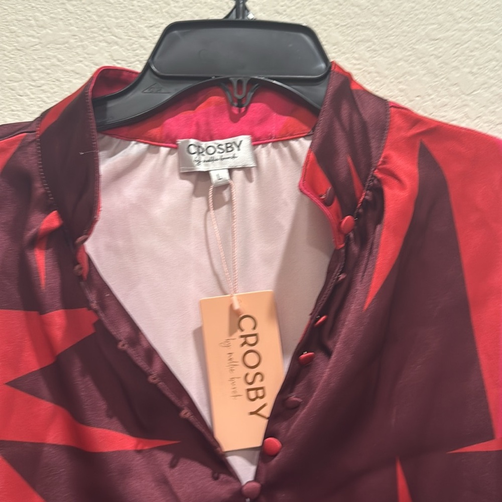 NWT CROSBY by Mollie Burch Leland Satin Faille Star Print Mock Neck  Blouse - Picture 6 of 6